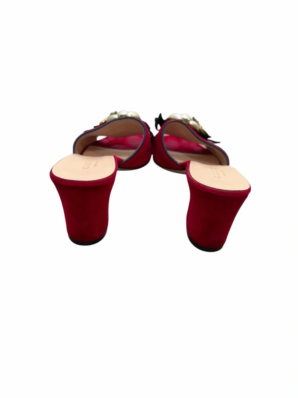Gucci Red Velvet Bee Pearl Crystal Slide Sandals Heels
